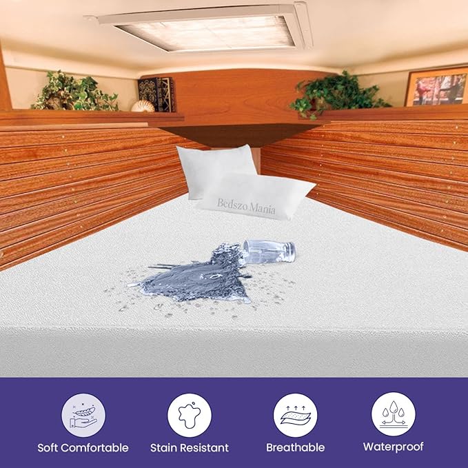 V Berth Mattress Protector Pad Cover White Color Fits Upto 10”inch Deep Pocket 100% Waterproof in V Berth Fitted Style Ultra Soft Terry Cotton Material Vinyl-Free Easily Washable