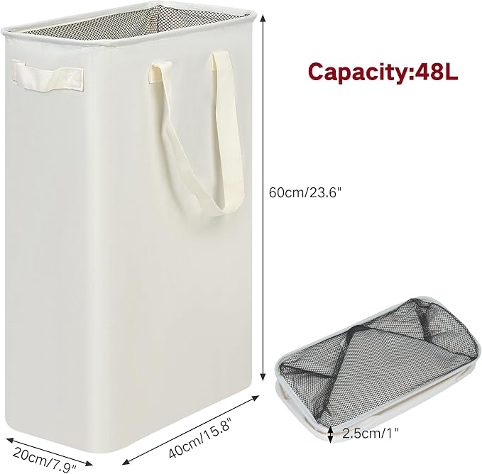efluky Slim Laundry Basket, Narrow Laundry Hamper with Handles, Collapsible Dirty Clothes Hamper, Tall Laundry Bin for Laundry Room, Dorm and Bedroom, 12.7 Gallons(48L) Beige - Image 3