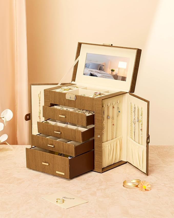 Homde Mothers Day Gifts Synthetic Leather Huge Jewelry Box Mirrored Watch Organizer Necklace Ring Earring Storage Lockable Gift Case (Brown + Gold) - Image 8