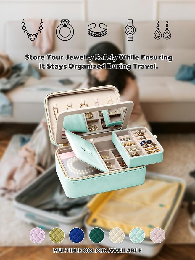 Velvet Travel Jewelry Box with Large Mirror, Double-Layer Jewelry Organizer Case for Women and Girls, Portable Storage Case with 6 Anti-Tarnish Bags Gift Ready for Her (Mint Green) - Image 8
