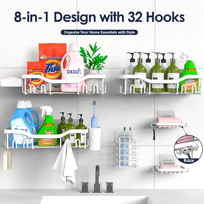 NESOMI Shower Caddy Adhesive Shower Organizer 8-Pack, Rustproof Stainless Steel Bathroom Shelves, Large Capacity No-Drill Rack Storage Accessories with Soap Dish Toothbrush Holder Hooks - Image 7