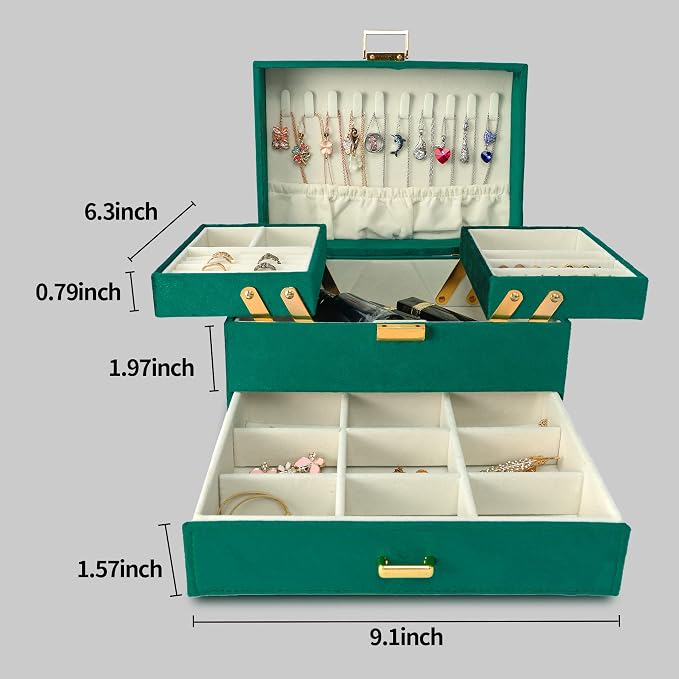 Dajasan Jewelry Organizer Box, Large Velvet Jewelry Boxes for Women Girls, Space-Saving 3 Layers Jewelry Storage Case with Drawer, Movable Metal Stand, Modern, Gift Idea (Green) - Image 6