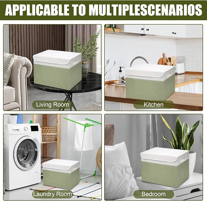 Large 17" 42 Quarts Collapsible Stackable Storage Bins with Lids [3-Pack] Foldable Fabric Linen Storage Boxes Cube, Closet Organizer Baskets with Label for Home (16.7 x 12 x 12", Green & White) - Image 7
