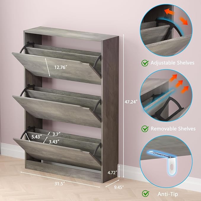 BORNOON Shoe Cabinet with 3 Flip Drawers, Hidden Wood Shoe Cabinet,Freestanding Shoe Storage Cabinet for Entryway Hallway - Image 2