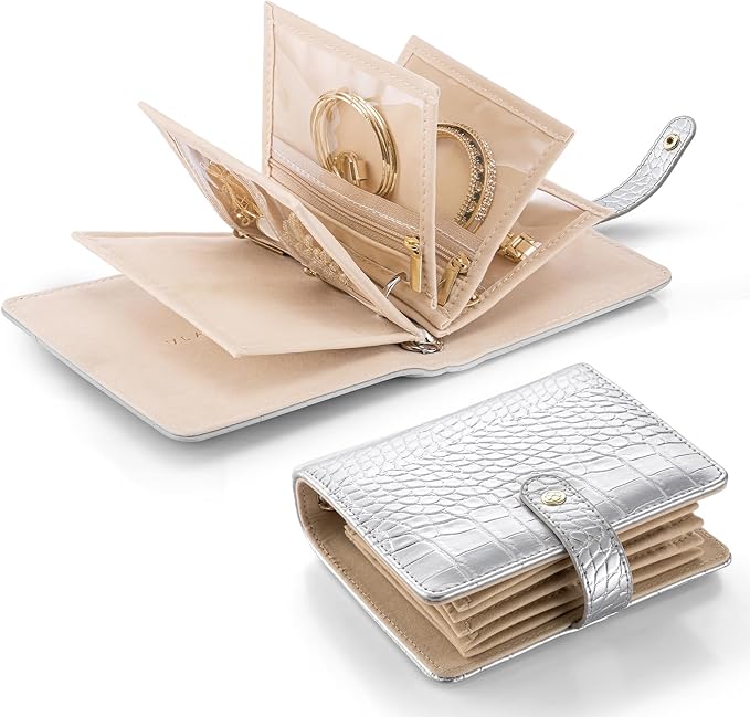 VLANDO Travel Jewelry Organizer Case,Travel Gifts for Women,Portable Jewelry Storage Book Ring Binder with Clear Zipper Velvet Jewelry Pouch Bag-Silver by VLANDO