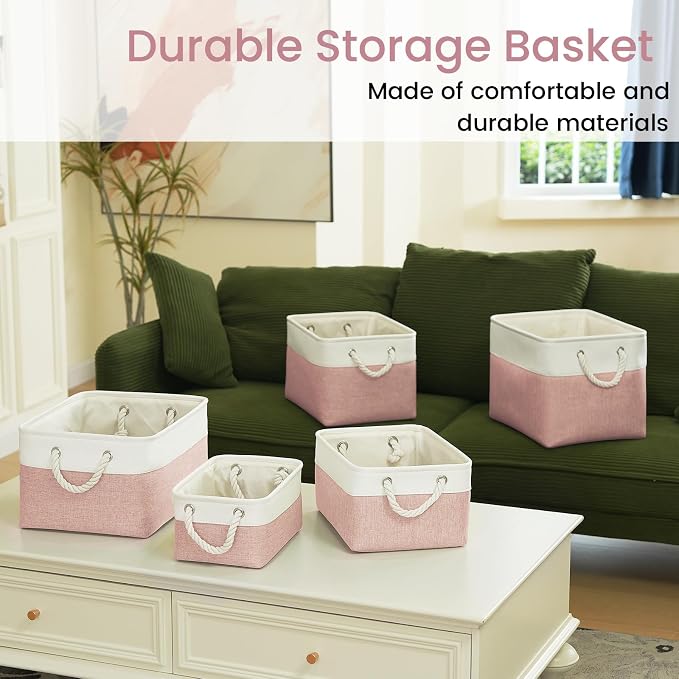 Large Storage Baskets- 15x11x10 inch Storage Bins for Shelves and Closet Organizing, Foldable Fabric Bin for Home Organization Clothes and Laundry (1-Pack, White&Pink) - Image 7