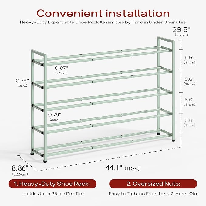 Bumusty 5-Tier Long Expandable Shoe Rack for Closet, 18"-44" Adjustable Shoe Rack for Entryway, 25-30 Pairs Large Shoe Organizer Shelf Storage, Sturdy Metal, Green - Image 3