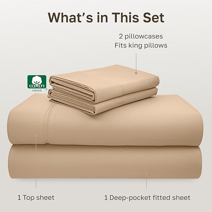 California Design Den King Size Sheets Set 600 Thread Count, 100% Cotton Sateen, Soft, King Size Bed Sheets, Bedding Sheets & Pillowcases (Golden Tan)