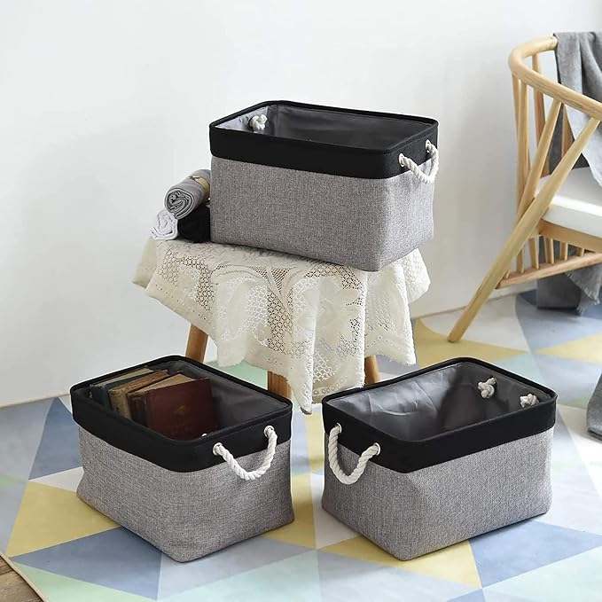 TheWarmHome Collapsible Storage Bin for Shelves - 16x12x8 inch Large 3 Pack Storage Basket for Organizing with Rope, Fabric Storage Cubes for Organizer Toy Cloth Gift Closet (Black & Grey) - Image 4