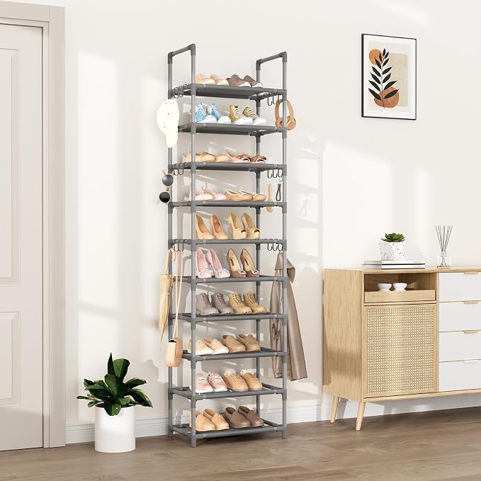 VTRIN 10 Tiers Tall Shoe Rack Holds 20-25 Pairs of Shoes Sturdy Vertical Shoe Organizer with 18pcs Hooks Stackable Narrow Shoe Rack for Closet, Entryway Grey - Image 2