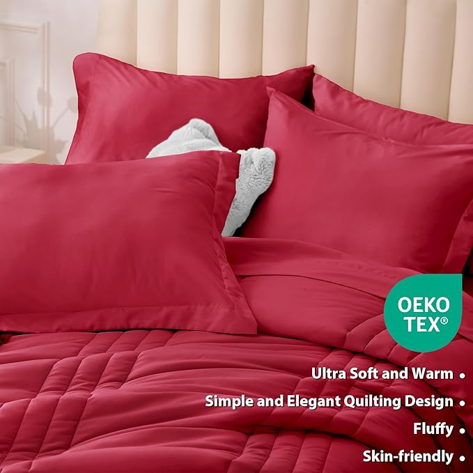 Queen Comforter Set Red - Bed in a Bag Queen Size 7 Pieces, Soft Bedding Set for All Seasons, Christmas Premium Queen Comforter Set with Comforter, Sheets, Pillowcases & Shams