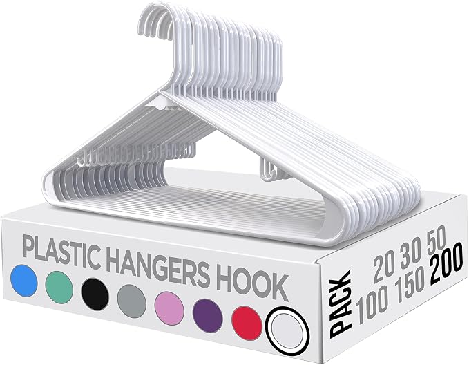 Utopia Home Plastic Hangers 200 Pack - Space Saving Clothes Hanger - Durable & Strong Closet Organizers and Storage with Built-in Strap Hooks - Essential for Shirts, Pants, Skirts & Coats (White) - Image 7