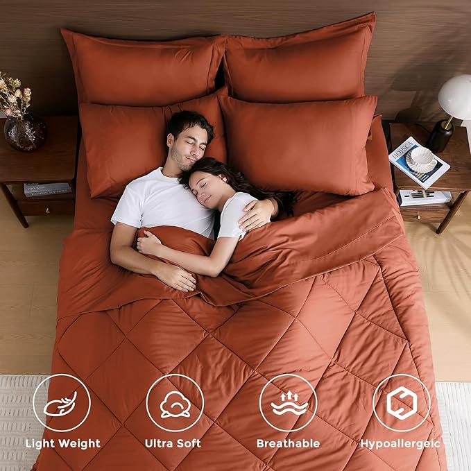 HEVUMYI Burnt Orange King Comforter Set - 7-Piece All Season Bed in a Bag King, Ultra Soft Bedding Set with Comforter, Flat Sheet, Fitted Sheet, Pillowcases, Pillow Shams
