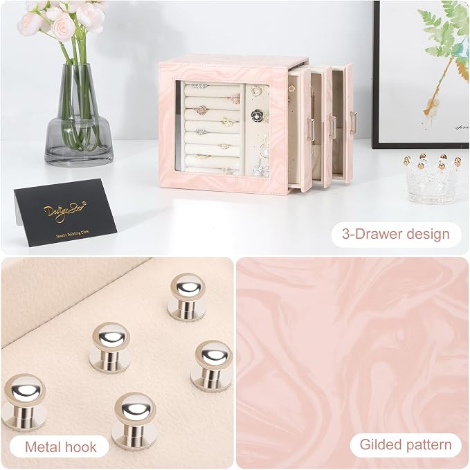 DesignSter Jewelry Box Organizer, Jewelry Box for Women, PU Jewelry Organizer Display Case with Side Drawers, Jewelry Storage for Earring Necklace Ring Bracelet Watch - Image 6