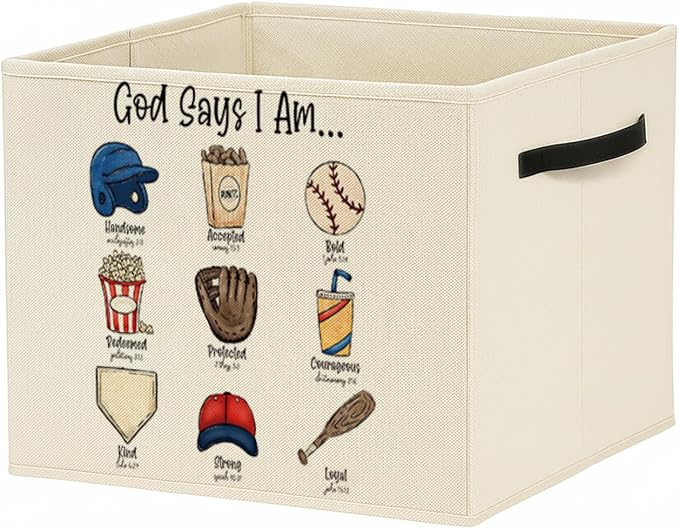 Christian Baseball Storage Bin Box with Handles, God Says I Am Bible Verse Baseball Foldable Baskets Organizer for Kids Room Nursery Bathroom Clothes Toys Books, Toybox for Boys by Unknown