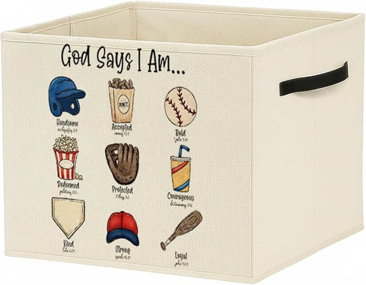 Christian Baseball Storage Bin Box with Handles, God Says I Am Bible Verse Baseball Foldable Baskets Organizer for Kids Room Nursery Bathroom Clothes Toys Books, Toybox for Boys by Unknown