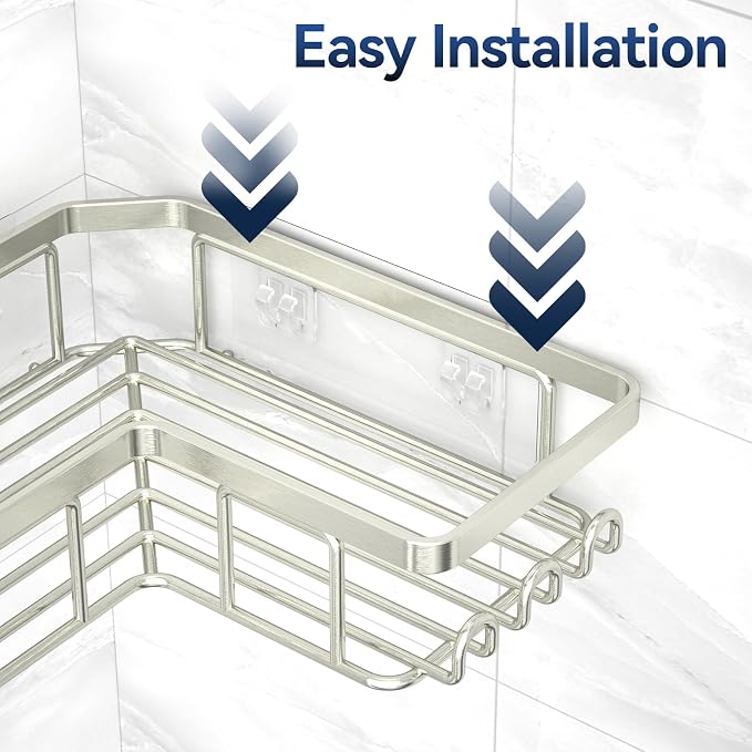 YASONIC Corner Shower Caddy, 3-Pack Adhesive Shower Caddy with Soap Holder and 12 Hooks, Rustproof Stainless Steel Bathroom Organizer, No Drilling Wall Mounted Shower Rack, Nickel - Image 6