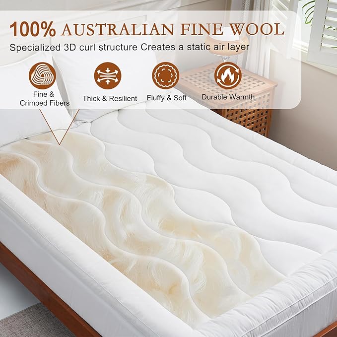 YOUR MOON 100% Organic Wool Mattress Topper Queen Size, Thick Pillow Top Mattress Pad, 800GSM Natural Wool Filling, Back Pain Relief Bed Topper with Cotton Cover-16'' Depth, 60"x80" (Striped White)
