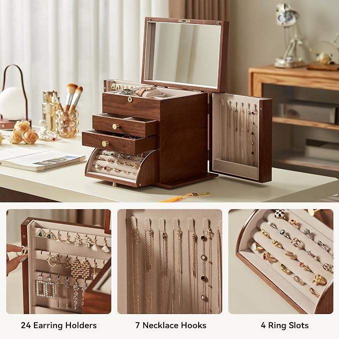 CHOSIN Black Walnut Wooden Jewelry Box, 4 Layer Lockable Organizer with Mirror, Rotatable Ring Holder,Side Doors & Brass Handle, Classical Design for Rings, Necklaces, Mothers Day Gift for Mom - Image 5