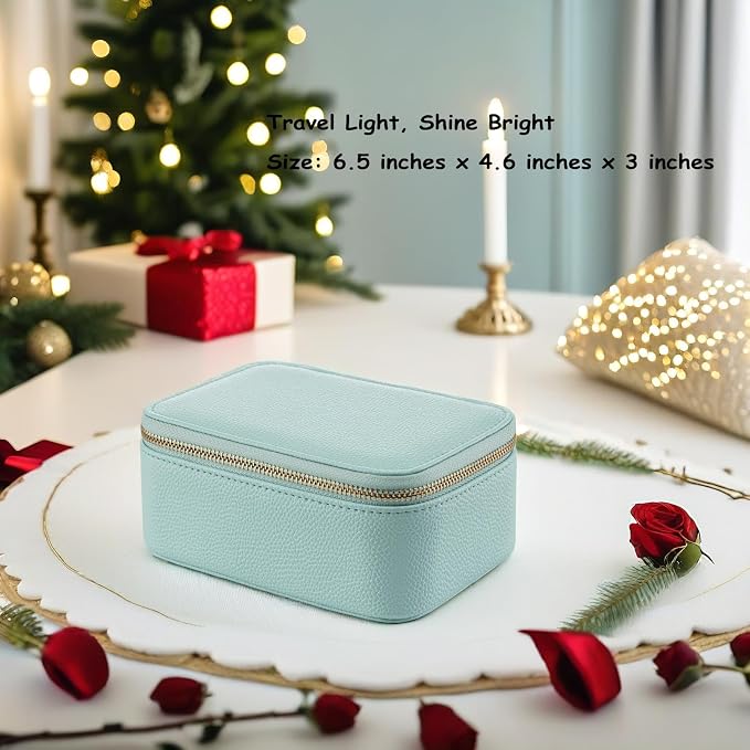 VLANDO Travel Jewelry Box Organizer – Portable PU Leather Jewelry Case with 6/8/12 Zippered Pouches, Compact Storage for Earrings Rings Necklaces Bracelets, Aqua Blue - Image 2
