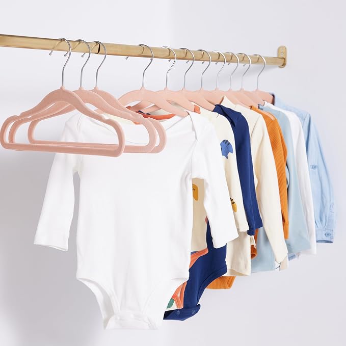 Amazon Basics Kids Space Saving Velvet Non-Slip Clothes Hangers with Shoulder Notches for Infant and Toddler, 11.6", Blush, 50-Pack - Image 5
