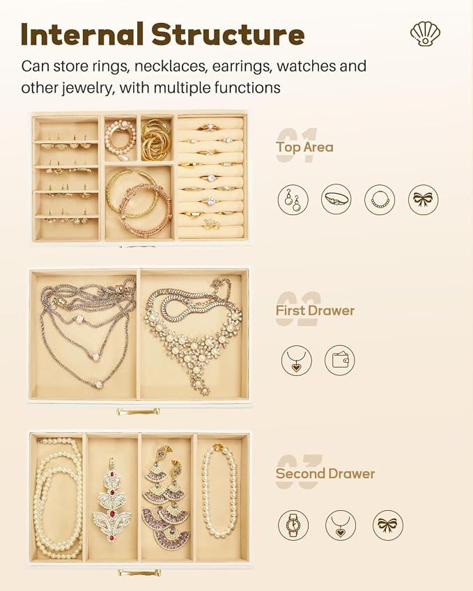 Enthralite Jewelry Box with 2 Drawers: Display Organizer for Earrings Necklaces - Gift for Girls Women (White) - Image 5