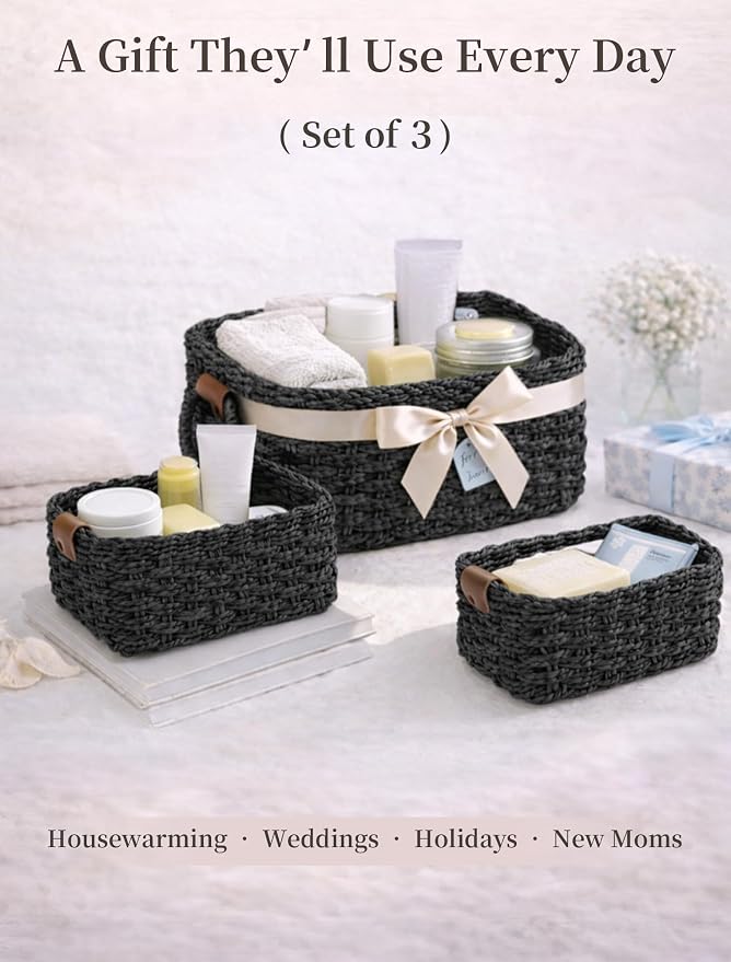 Storage Basket, Recycled Paper Rope Bathroom Basket Organizer, 3Pcs Small Baskets for Organizing, Mini wicker Basket for Decorative Storage Bins, Shelves, Bathroom, Cabinet - Black - Image 7