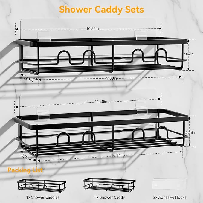 Adhesive Shower Caddy, Large Capacity Shower Racks for Inside Shower, No Drill Bathroom Shower Organizer and Storage, 2 Pack Black Bathroom Shelves, Home Decor Rv Accessories, Apartment - Image 2