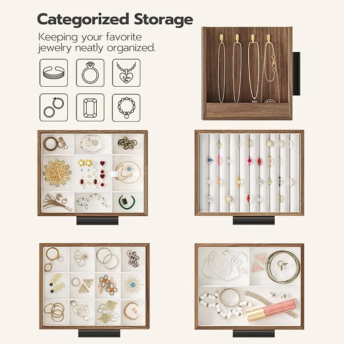 HOOBRO Jewelry Box for Women, Wooden Jewelry Organizer with Transparent Window, 4-Layer Jewelry Organizer Box, Jewelry Holder Organizer for Earrings, Necklaces, Rings, Walnut and Black BH09JB04 - Image 5