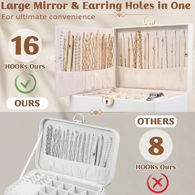 3 Layer Jewelry Boxes for Women with Mirror Large Jewelry Organizer Box with 2 Jewelry Organizer Drawer PU Lockable Elegant Unique Gifts for Women, White - Image 2
