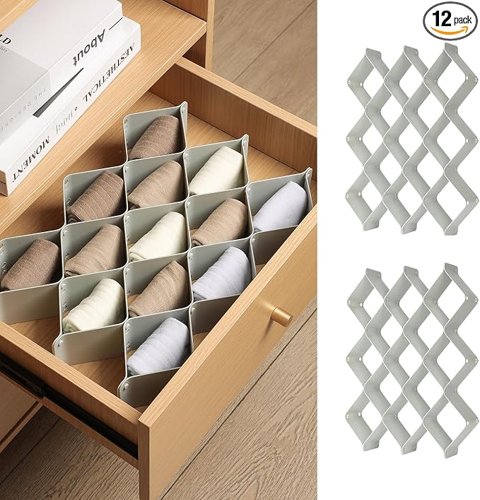 ROUFA Sock Drawer Organizer for Dresser, Honeycomb Underwear Dividers for Women, Panty Separator for Bras, Socks, Belt and Leggings (2 Sets/12pcs,Grey) by ROUFALIFE