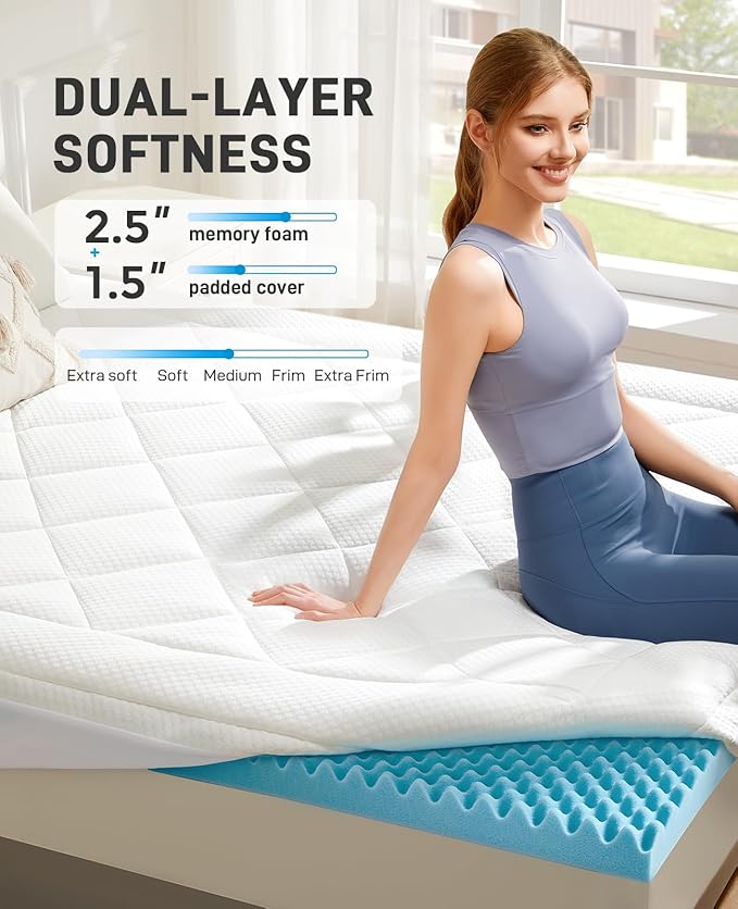 PERLECARE 4 Inch Dual Layer King Mattress Topper for Pressure Relief, 2.5 Inch Cooling Egg Crate Gel Memory Foam Plus 1.5 Inch Pillow Top Cover, Medium Firm with Deep Pocket