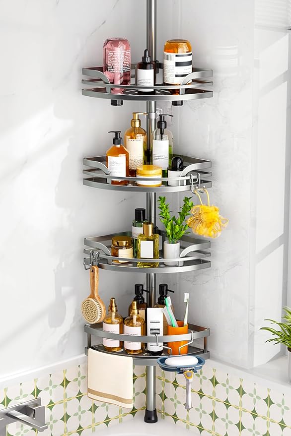 HAMITOR Shower Caddy Tension Pole：4-Tier Rustproof Bathroom Corner Shelf for Renters - 47-121inches Adjustable Bathtub Organizer with Soap Holder-large capacity rack for Shampoo Storage Home Accessory by HAMITOR