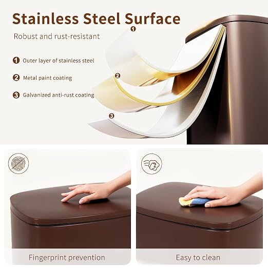 PayLessHere Stainless Steel Trash Can with Lid - Removable Inner Bucket, Foot Pedal Soft Close for Office, Home, Kitchen Garbage Bin (Brown, 13 G) - Image 3