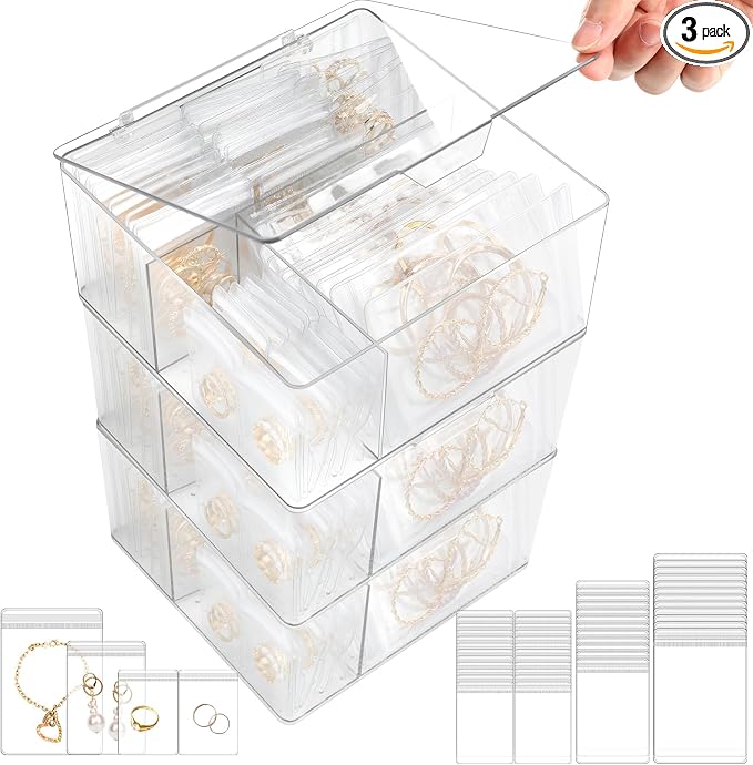3 Pack 4-in-1 Clear Jewelry Box Organizers with 80 Portable Anti Tarnish Jewelry Bags, Acrylic Organizers and Storage for Women Girls Earrings Rings Necklaces Bracelets Holder by Unknown