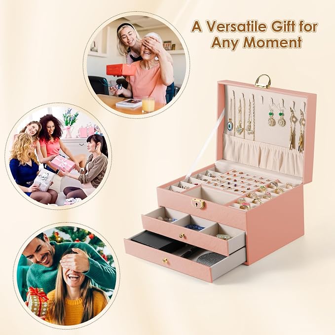 coobest 3 Layer Jewelry Box, Jewelry Holder with Lockable Drawer, Large Jewelry Boxes & Organizer with Velvet Earring Holder, Gifts for Mom Women - Image 7