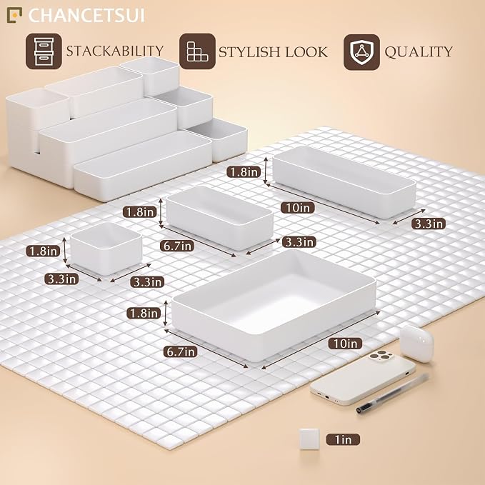 9 Pcs Stackable Drawer Organizer Trays Set, Multifunctional Stackable Storage Trays for Vanity, Bathroom, Kitchen, Desk Drawer Organizer Office. Plastic Drawer Organizers Available In 5 Colours, White - Image 5
