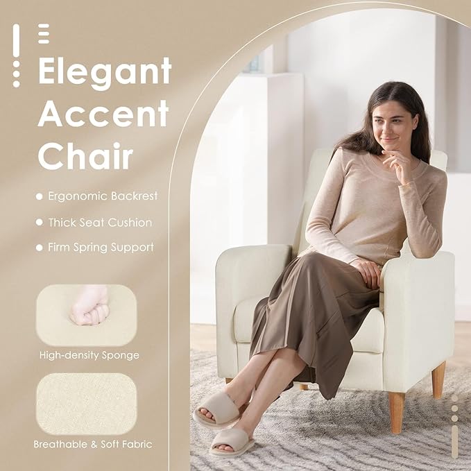 COLAMY Mid-Century Modern Upholstered Accent Chair with Back Pillow & Solid Wood Legs, Fabric Cozy Armchair for Living Room, Bedroom, Reading Nook, Apartment & Small Spaces, Beige