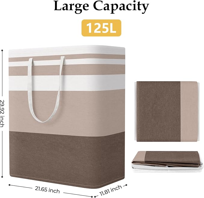 StorageRight Large Collapsible Laundry Basket Hamper with Easy Carry Handles，Freestanding Clothes Hampers for Laundry, Bedroom, Dorm, Towels, Toys, 125L, Khaki - Image 2