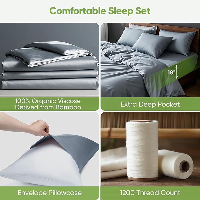TWK Luxury Sheet Set, Genuine 100% Organic Viscose Derived from Bamboo, Cooling & Breathable, Silky Soft, Bedding Sheets & Pillowcases (Sterling Blue, Queen)