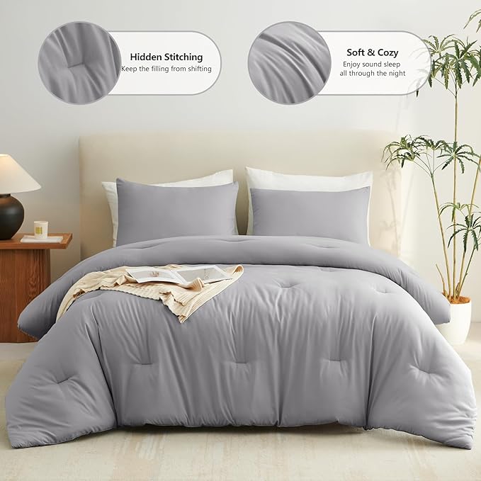 CozyLux Queen Comforter Set Grey, 3 Pieces Solid Comforters Queen Size Breathable Bedding Sets, Gray Luxury Soft Lightweight Bed Set with Down Alternative Comforter and 2 Pillowcases for All Seasons