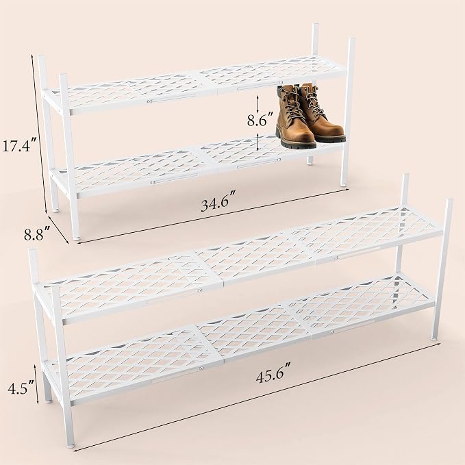 Shoe Rack, Expandable Shoes Organizer Metal Shelf Stand, 2 Tier Stackable Long Shoe Storage Holder For Closet, Floor, Entryway, Garage, Bedroom, Door Entrance For 12-18 Pairs, 45.6 inches White - Image 3