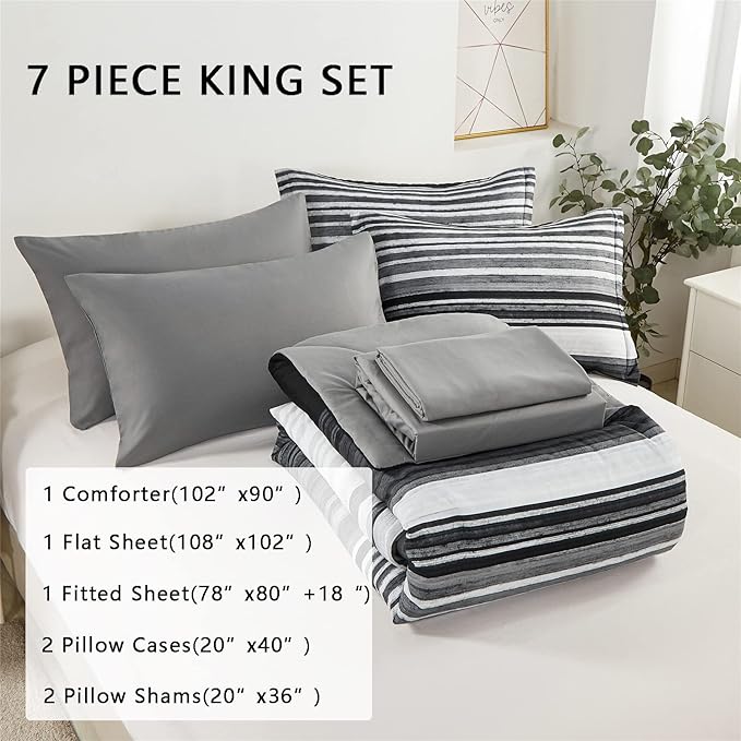 KAKIJUMN 7 Piece Bed in a Bag Stripe Comforter Set King Size, White Grey Black Patchwork Striped Comforter and Sheet Set, All Season Soft Microfiber Complete Bedding Sets(Grey,King)