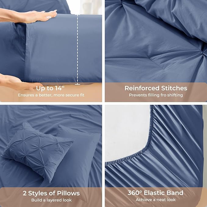Sasttie King Size Comforter Set, 7-Piece Bed in a Bag, Pintuck Bedding Set for All Season, Includes Comforter, Flat Sheet, Fitted Sheet, Pillowcases and Pillowshams, Slate Blue