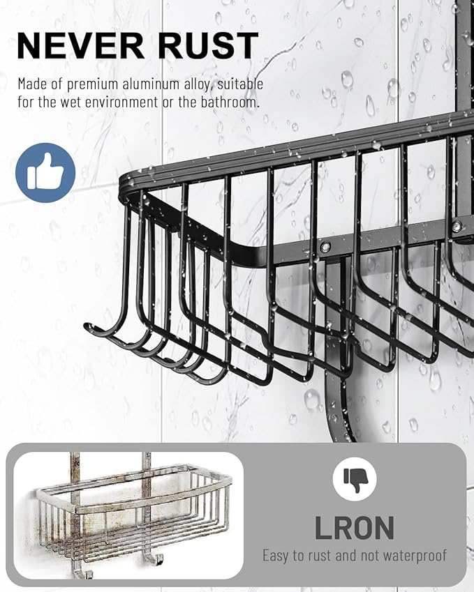 Shower Caddy Hanging - Never Rust Shower Hanging Organizer - Aluminum Over the ShowerHead Caddy with Soap Basket and 6 Hooks for Razor/Sponge (Black) - Image 4