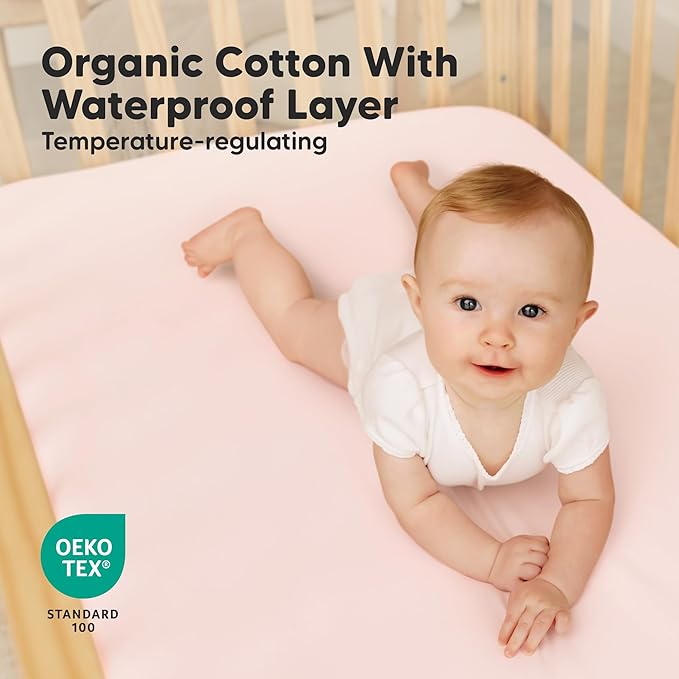 2-Pack Waterproof Crib Sheets for Boys, Girls - 52x28 Fitted Organic Cotton Baby Crib Sheets, Toddler Mattress Protector Cover, Washable, Soft & Durable Baby Bedding Essentials (Mist Rose)