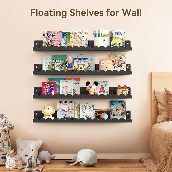 Floating Shelves for Wall, 23 Inch Metal Nursery Book Shelves 4 Pack, Wall Mounted Book Shelf for Kids Room, Bedroom, Bathroom, Playroom Decor (Black) - Image 5