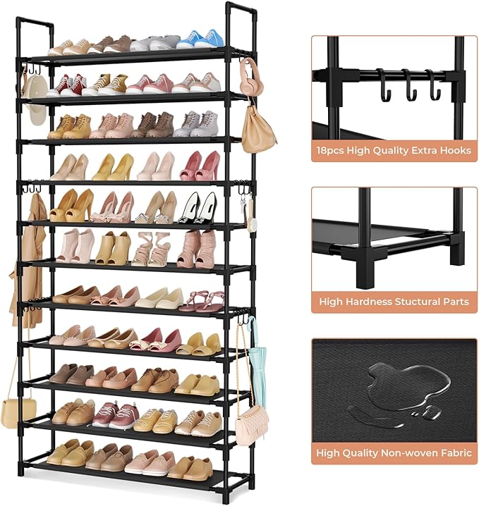 LANTEFUL 11 Tiers Tall Shoe Rack Holds 55 Pairs of Shoes with 18pcs Hooks Sturdy Wide Shoe Organizer Storage Free Standing Metal Shoe Shelf for Closet, Entryway Black - Image 4