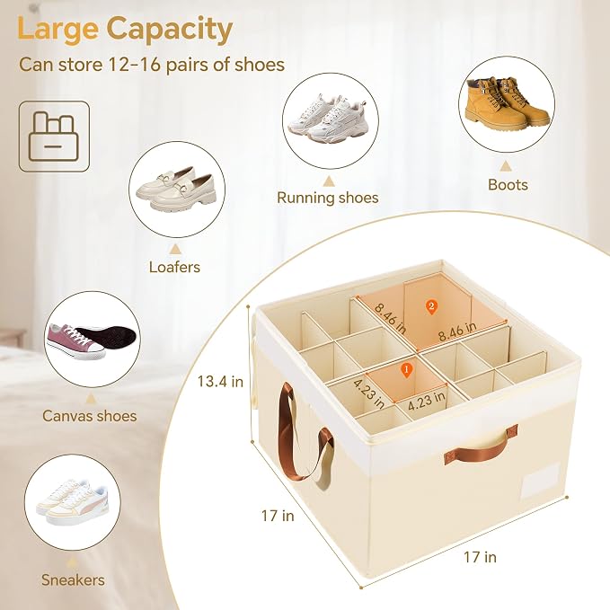 Criusia Shoe Organizer for Closet, 2 Pack Foldable Shoe Storage Organizer Box Bin with Adjustable Dividers and Clear Cover, Closet Shoe Storage for Sneakers Sandals Boots, Fit 16-32 Pairs, Beige - Image 4