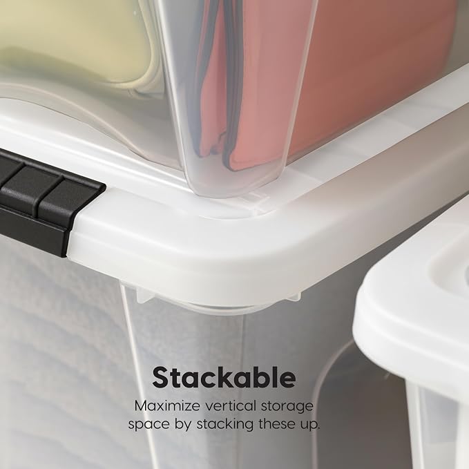 IRIS USA 19 Qt Stackable Plastic Storage Bins with Lids, 6 Pack - BPA-Free, Made in USA - See-Through Organizing Solution, Latches, Durable Nestable Containers, Secure Pull Handle - Clear/White - Image 6